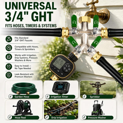 4 Way Garden Hose Splitter, 3/4” GHT Heavy Duty Brass