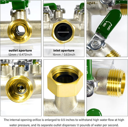 4 Way Garden Hose Splitter, 3/4” GHT Heavy Duty Brass