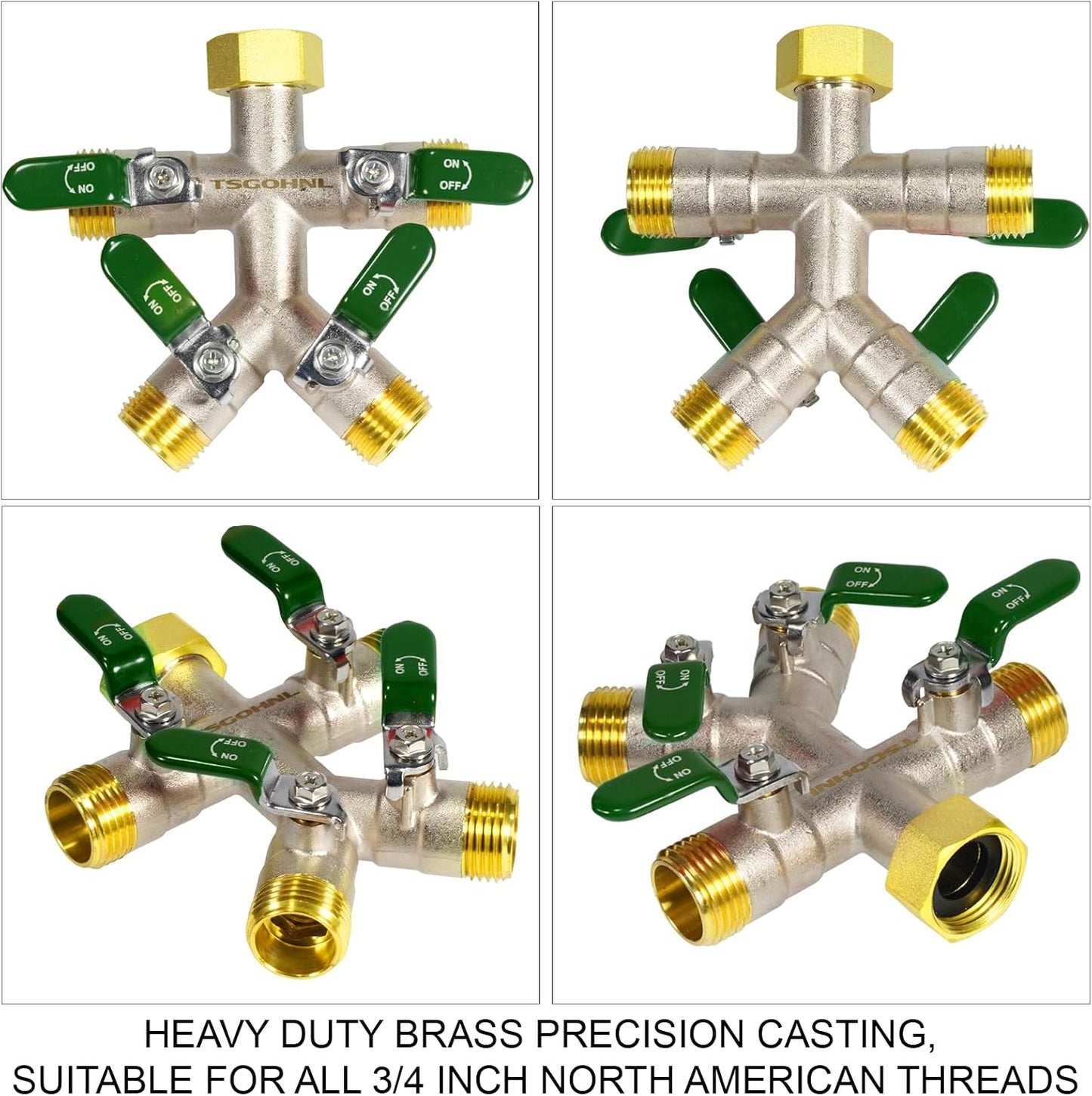4 Way Garden Hose Splitter, 3/4” GHT Heavy Duty Brass