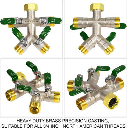 4 Way Garden Hose Splitter, 3/4” GHT Heavy Duty Brass