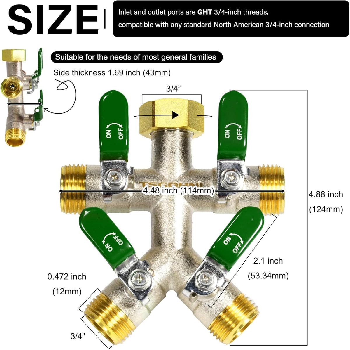 4 Way Garden Hose Splitter, 3/4” GHT Heavy Duty Brass
