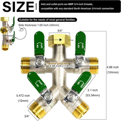 4 Way Garden Hose Splitter, 3/4” GHT Heavy Duty Brass