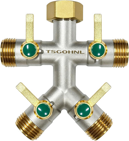 4 Way Garden Hose Splitter, 3/4” GHT Heavy Duty Brass