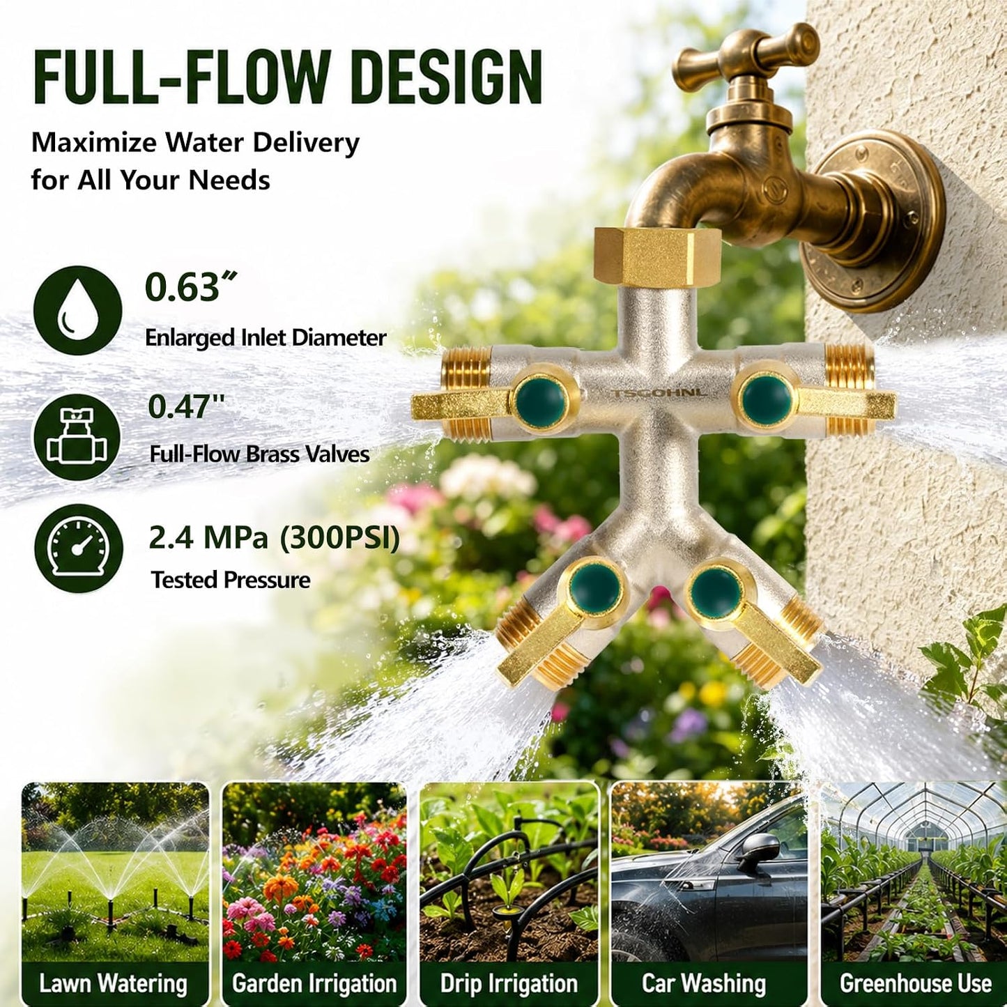 4 Way Garden Hose Splitter, 3/4” GHT Heavy Duty Brass