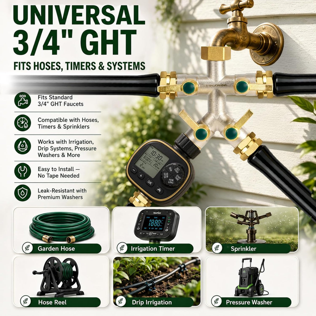 4 Way Garden Hose Splitter, 3/4” GHT Heavy Duty Brass