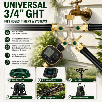 4 Way Garden Hose Splitter, 3/4” GHT Heavy Duty Brass