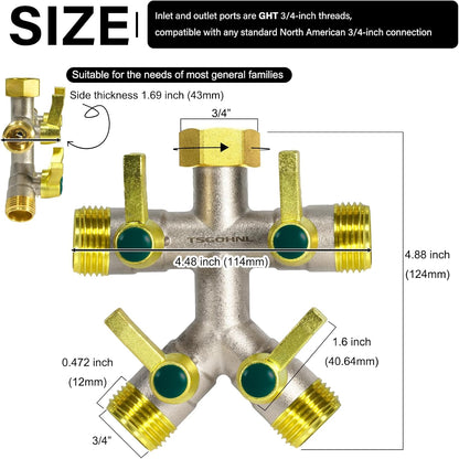 4 Way Garden Hose Splitter, 3/4” GHT Heavy Duty Brass