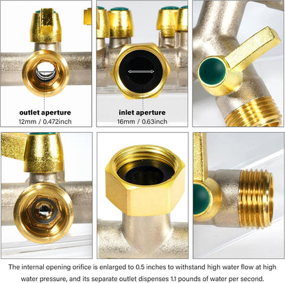 4 Way Garden Hose Splitter, 3/4” GHT Heavy Duty Brass