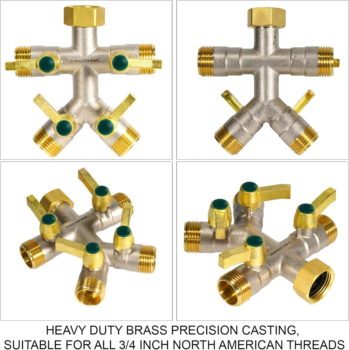 4 Way Garden Hose Splitter, 3/4” GHT Heavy Duty Brass
