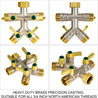 4 Way Garden Hose Splitter, 3/4” GHT Heavy Duty Brass