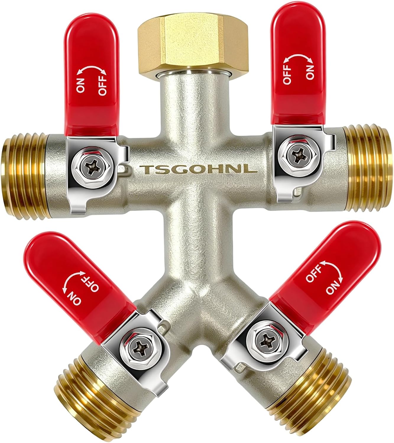 4 Way Garden Hose Splitter, 3/4” GHT Heavy Duty Brass