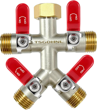 4 Way Garden Hose Splitter, 3/4” GHT Heavy Duty Brass