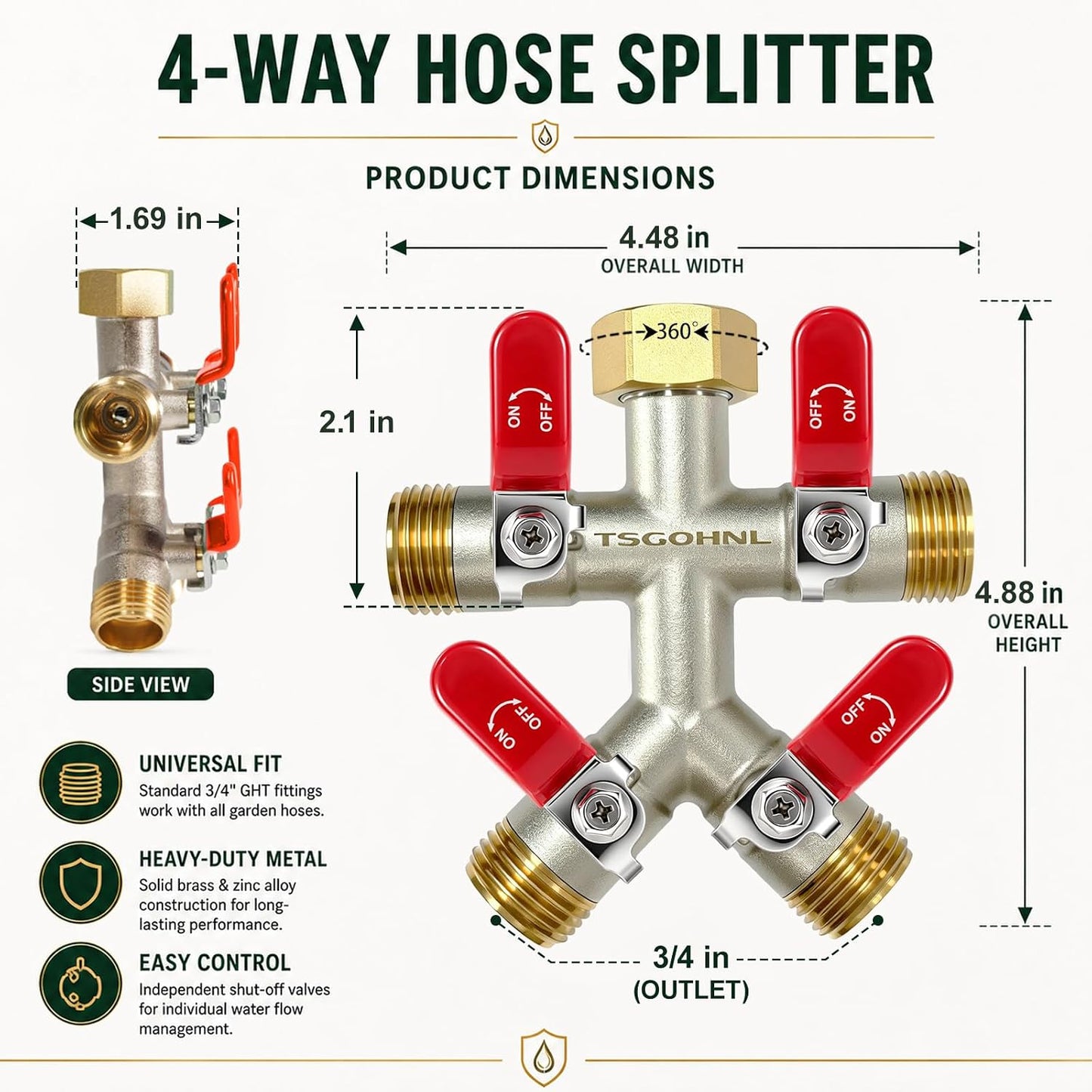 4 Way Garden Hose Splitter, 3/4” GHT Heavy Duty Brass