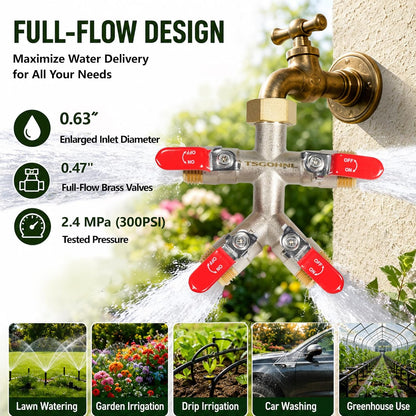 4 Way Garden Hose Splitter, 3/4” GHT Heavy Duty Brass
