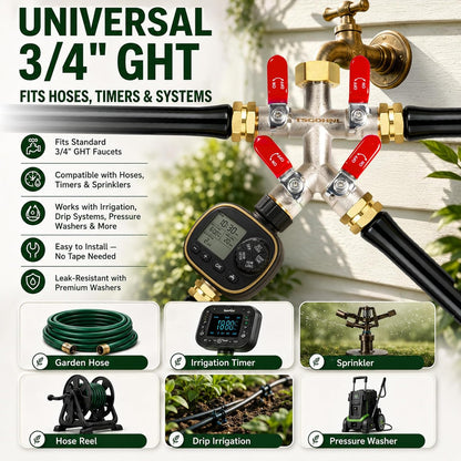 4 Way Garden Hose Splitter, 3/4” GHT Heavy Duty Brass