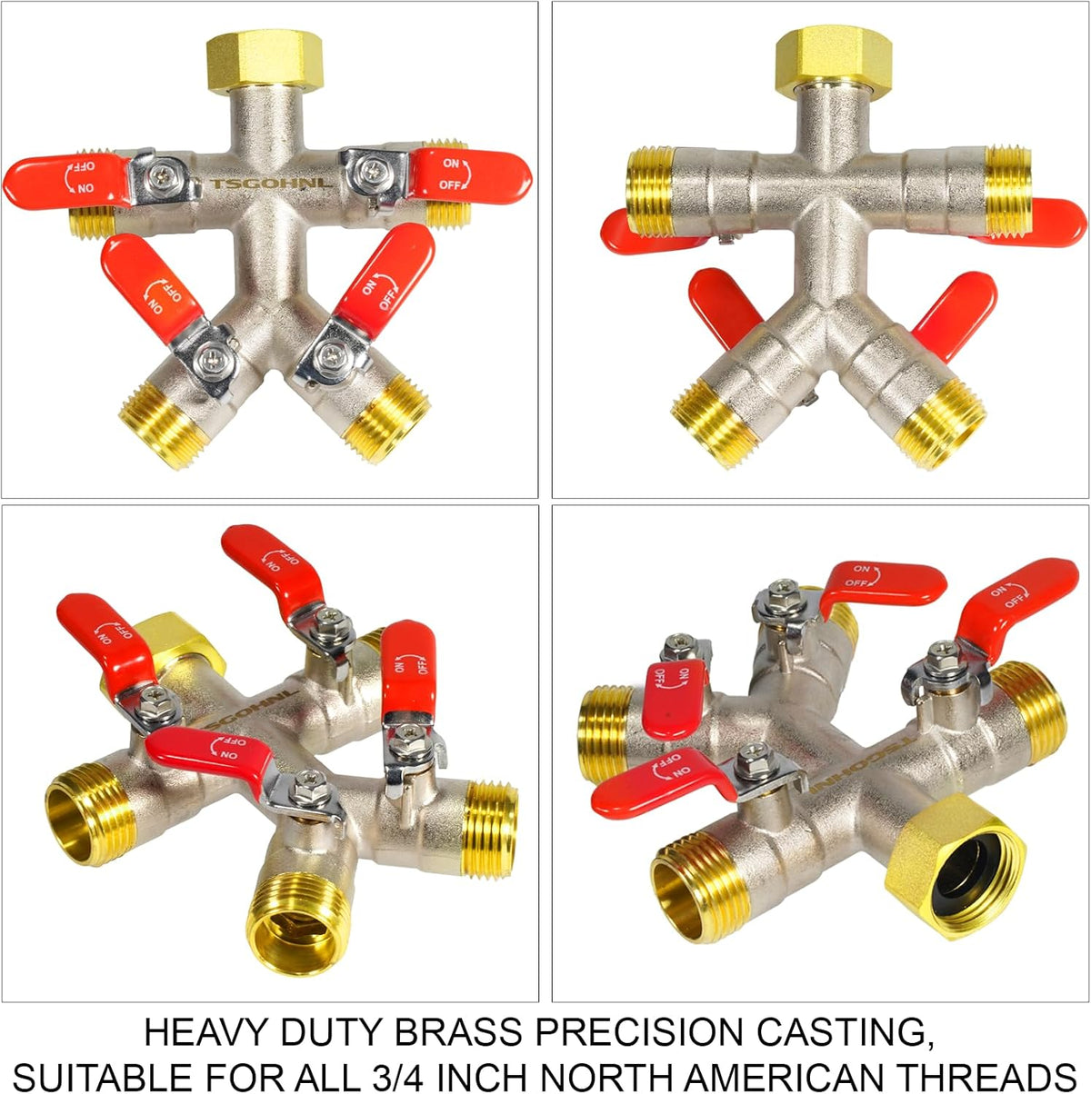 4 Way Garden Hose Splitter, 3/4” GHT Heavy Duty Brass