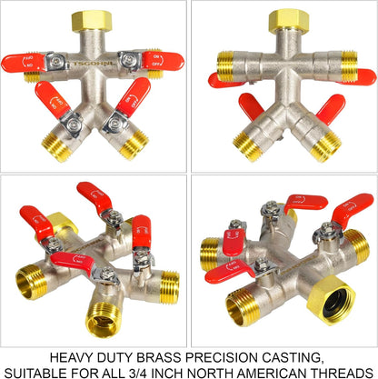4 Way Garden Hose Splitter, 3/4” GHT Heavy Duty Brass