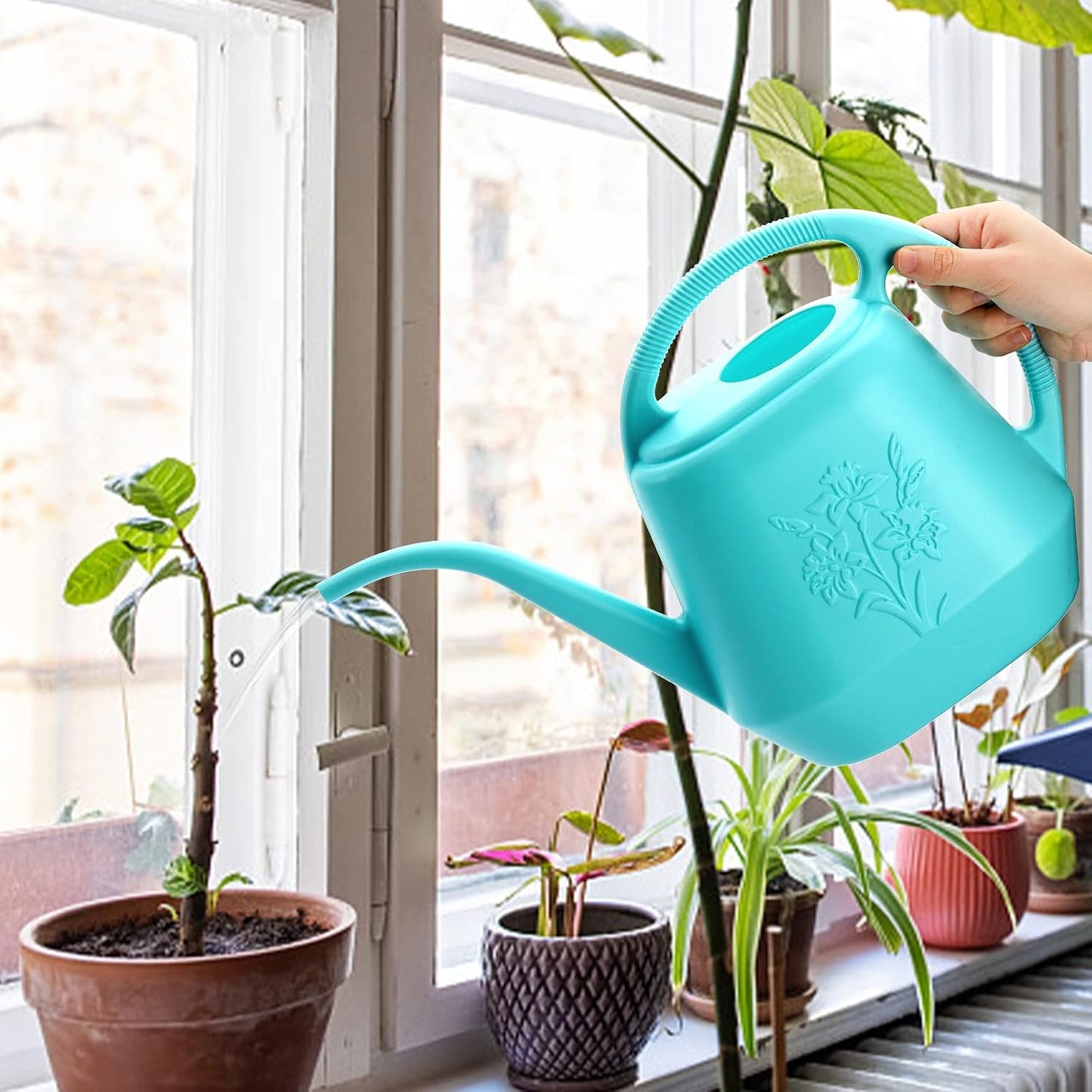 1-Gallon Plastic Watering Can with Comfortable Handle, Garden Watering Cans Long Spout for Indoor Outdoor Watering Plants, Bright Blue