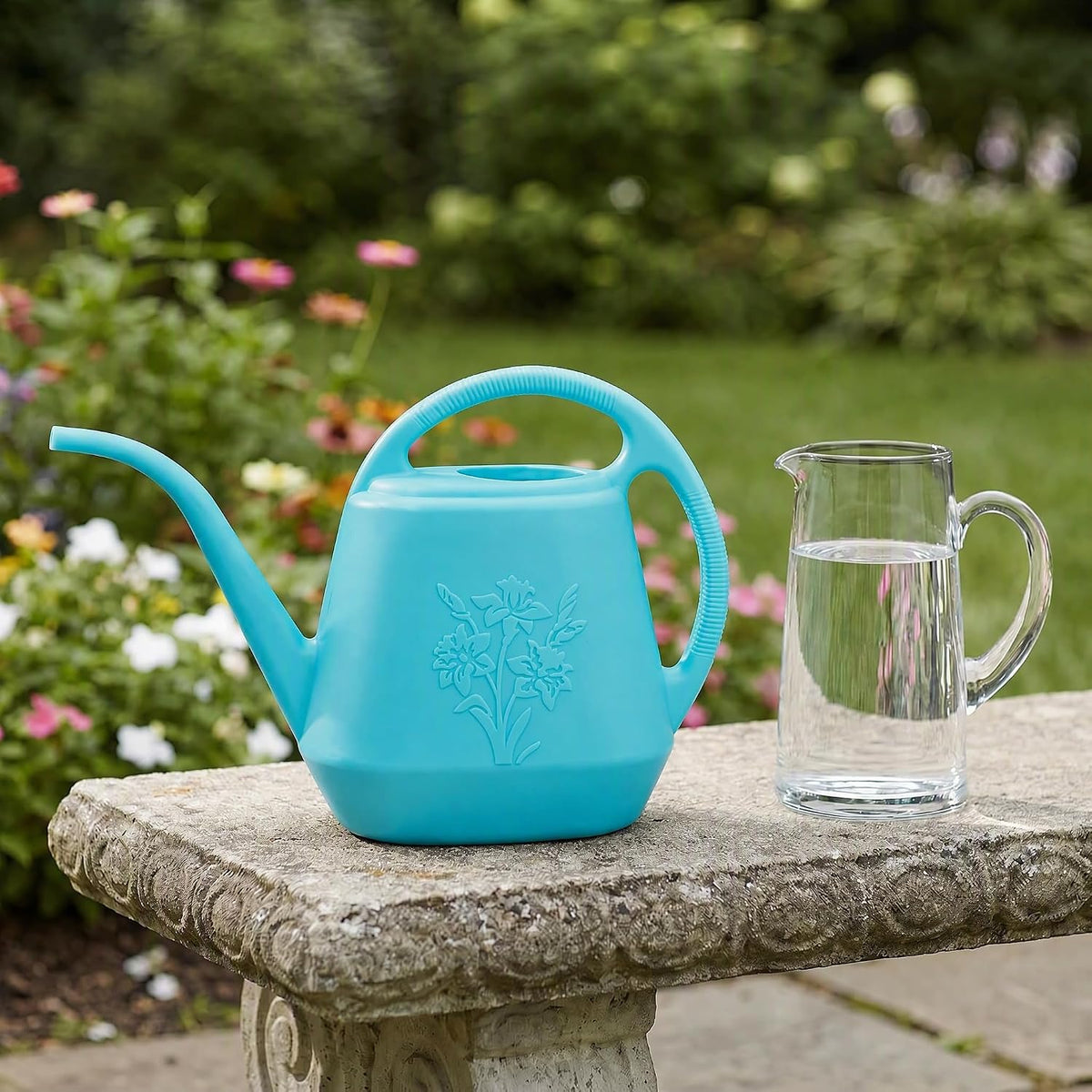 1-Gallon Plastic Watering Can with Comfortable Handle, Garden Watering Cans Long Spout for Indoor Outdoor Watering Plants, Bright Blue