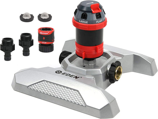 96122 Metal Base 6-Pattern Rotary Gear Drive Sprinkler | Quiet Operation, Adjustable Range, 5°- 360° Coverage, Flow-Through Design for Customized Watering, Quick Connect Starter Set Included