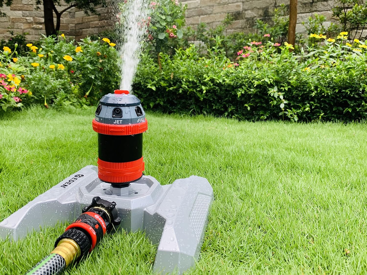 96122 Metal Base 6-Pattern Rotary Gear Drive Sprinkler | Quiet Operation, Adjustable Range, 5°- 360° Coverage, Flow-Through Design for Customized Watering, Quick Connect Starter Set Included