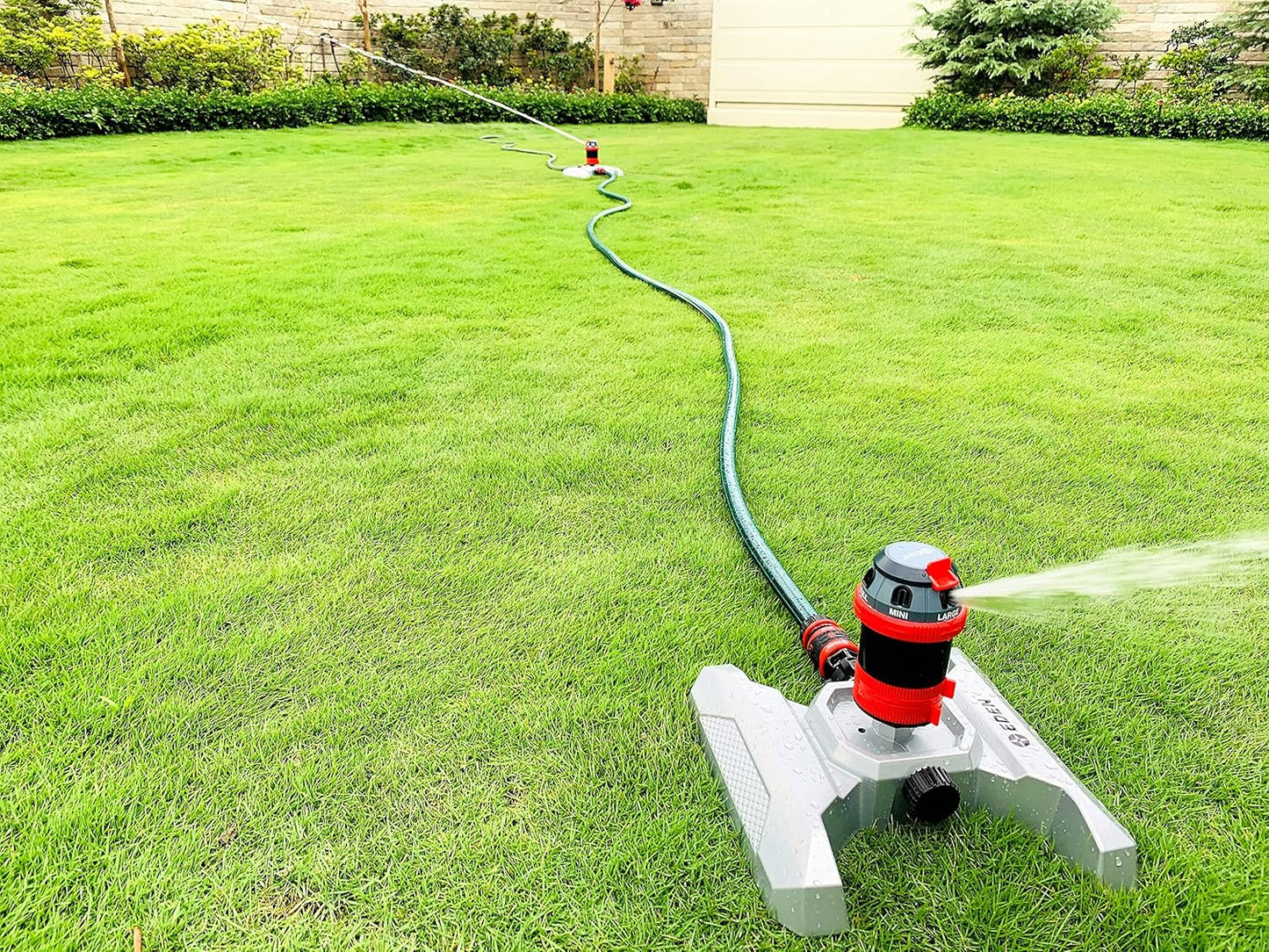 96122 Metal Base 6-Pattern Rotary Gear Drive Sprinkler | Quiet Operation, Adjustable Range, 5°- 360° Coverage, Flow-Through Design for Customized Watering, Quick Connect Starter Set Included