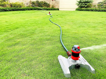 96122 Metal Base 6-Pattern Rotary Gear Drive Sprinkler | Quiet Operation, Adjustable Range, 5°- 360° Coverage, Flow-Through Design for Customized Watering, Quick Connect Starter Set Included