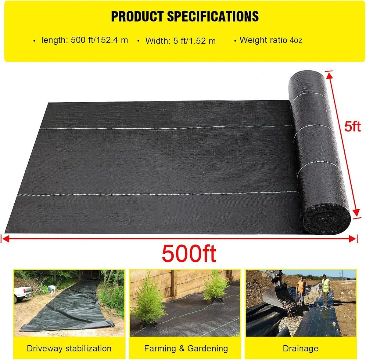 Driveway Fabric 6x300 ft - Commercial Weed Barrier, Heavy Duty 3.5OZ Landscape Fabric for Road, French Drain, Erosion Control, Construction Projects