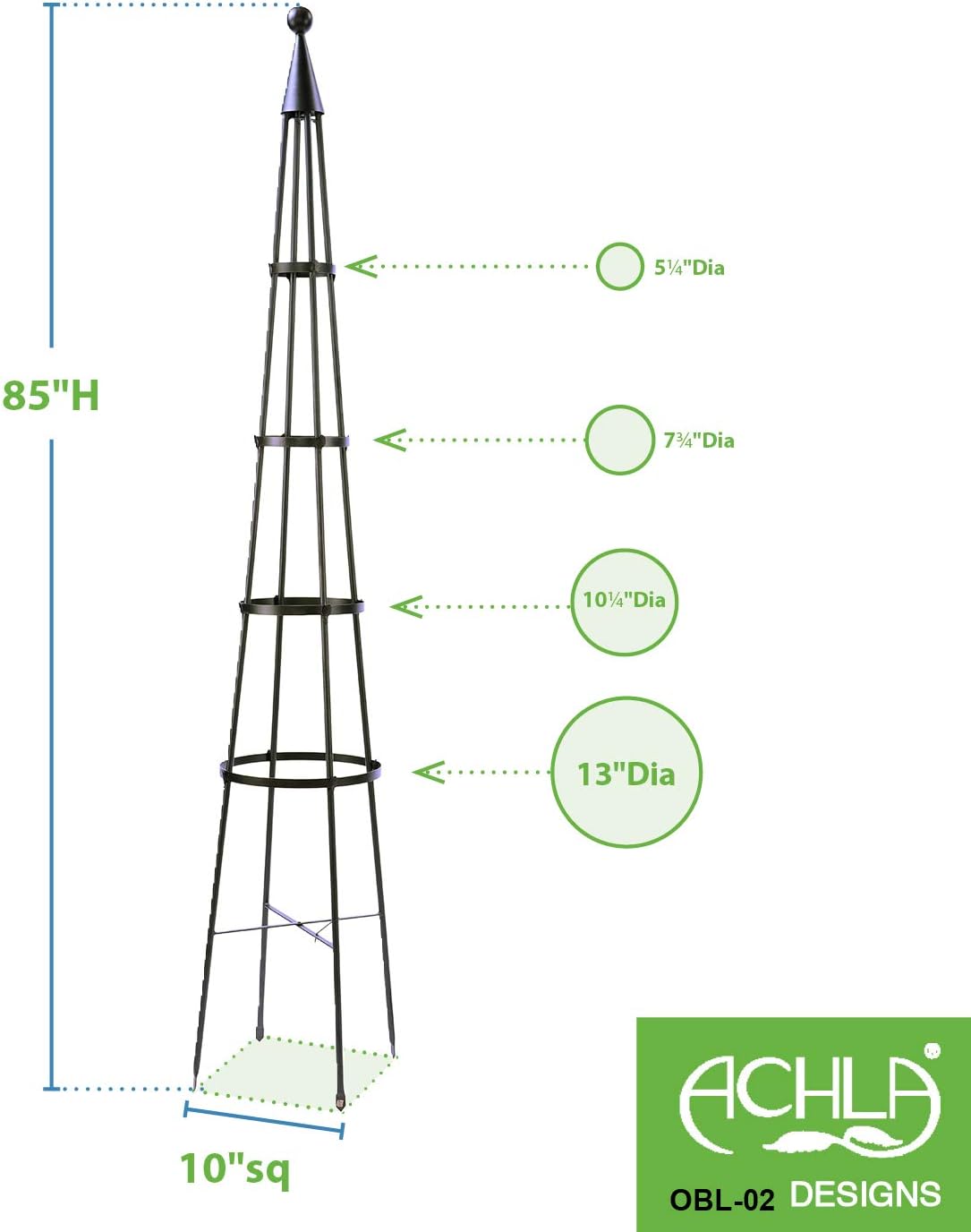 Achla Designs OBL-01, 61-in Wrought Iron Garden Obelisk Trellis, H, Graphite