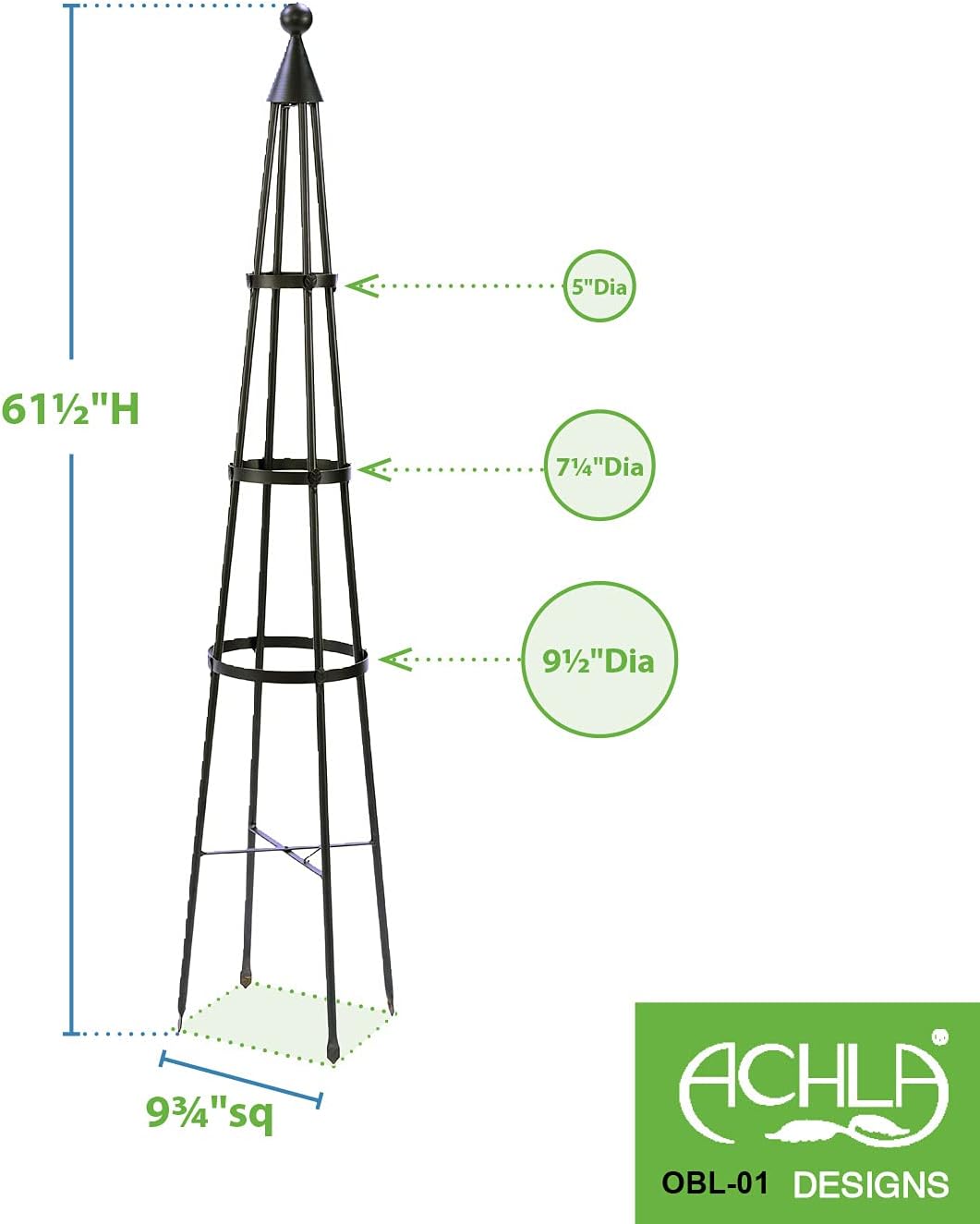 Achla Designs OBL-01, 61-in Wrought Iron Garden Obelisk Trellis, H, Graphite