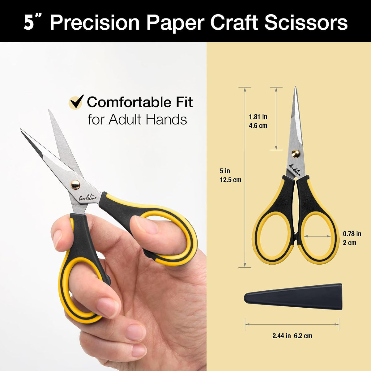 Precision Craft Scissors - Stainless Steel Blades With Safety Cap - Ultra Sharp Tip & Non-Slip TPR Handles - For Adult & Kid Paper Crafting, Scrapbooking, Home, Office, and School Use
