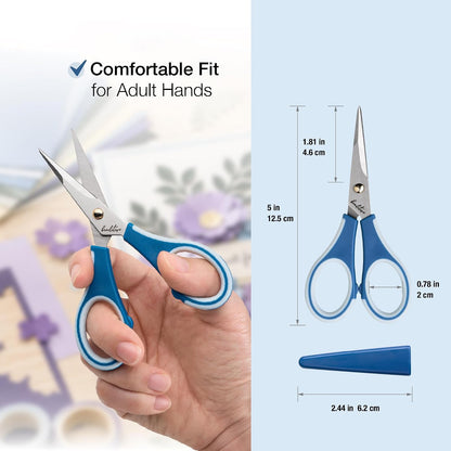 Precision Craft Scissors - Stainless Steel Blades With Safety Cap - Ultra Sharp Tip & Non-Slip TPR Handles - For Adult & Kid Paper Crafting, Scrapbooking, Home, Office, and School Use