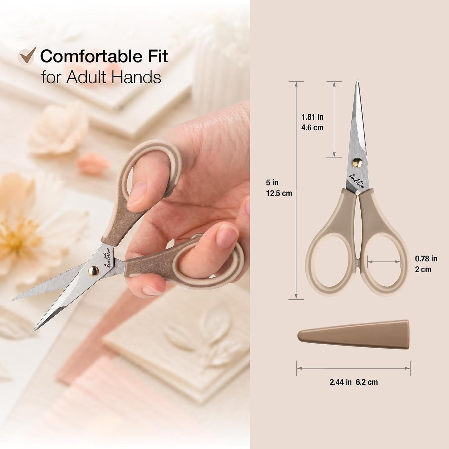 Precision Craft Scissors - Stainless Steel Blades With Safety Cap - Ultra Sharp Tip & Non-Slip TPR Handles - For Adult & Kid Paper Crafting, Scrapbooking, Home, Office, and School Use
