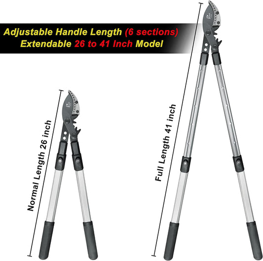 26-41 Inch Extendable Anvil Loppers, Sync Drive Leverage Tree Trimmers, Telescopic Pruners Heavy Duty, 2 Inch Cutting Capacity