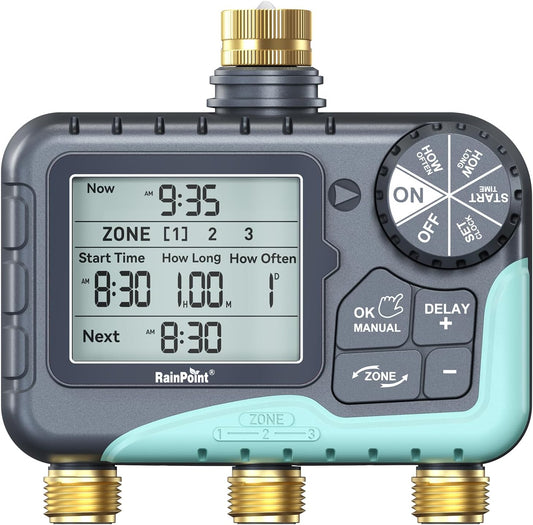 3 Zone Water Timer with Brass Inlet & Outlet, 3 Custom Watering Plans Sprinkler Timer, Featuring IP65 Waterproof,Rain Delay, Manual & Automatic Watering with Large LCD for Yard, 2026 Ver.