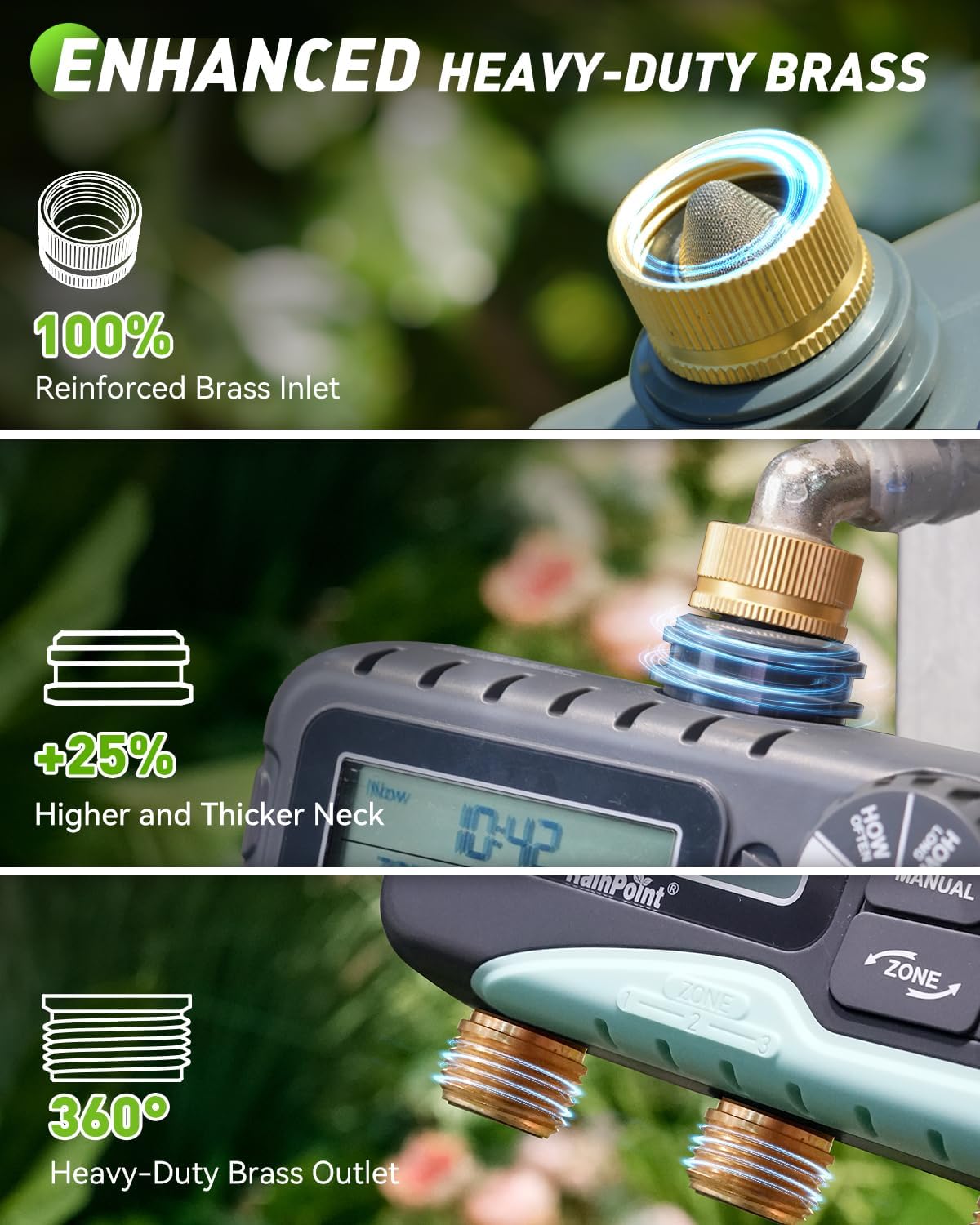 3 Zone Water Timer with Brass Inlet & Outlet, 3 Custom Watering Plans Sprinkler Timer, Featuring IP65 Waterproof,Rain Delay, Manual & Automatic Watering with Large LCD for Yard, 2026 Ver.