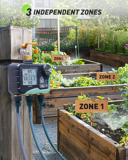 3 Zone Water Timer with Brass Inlet & Outlet, 3 Custom Watering Plans Sprinkler Timer, Featuring IP65 Waterproof,Rain Delay, Manual & Automatic Watering with Large LCD for Yard, 2026 Ver.