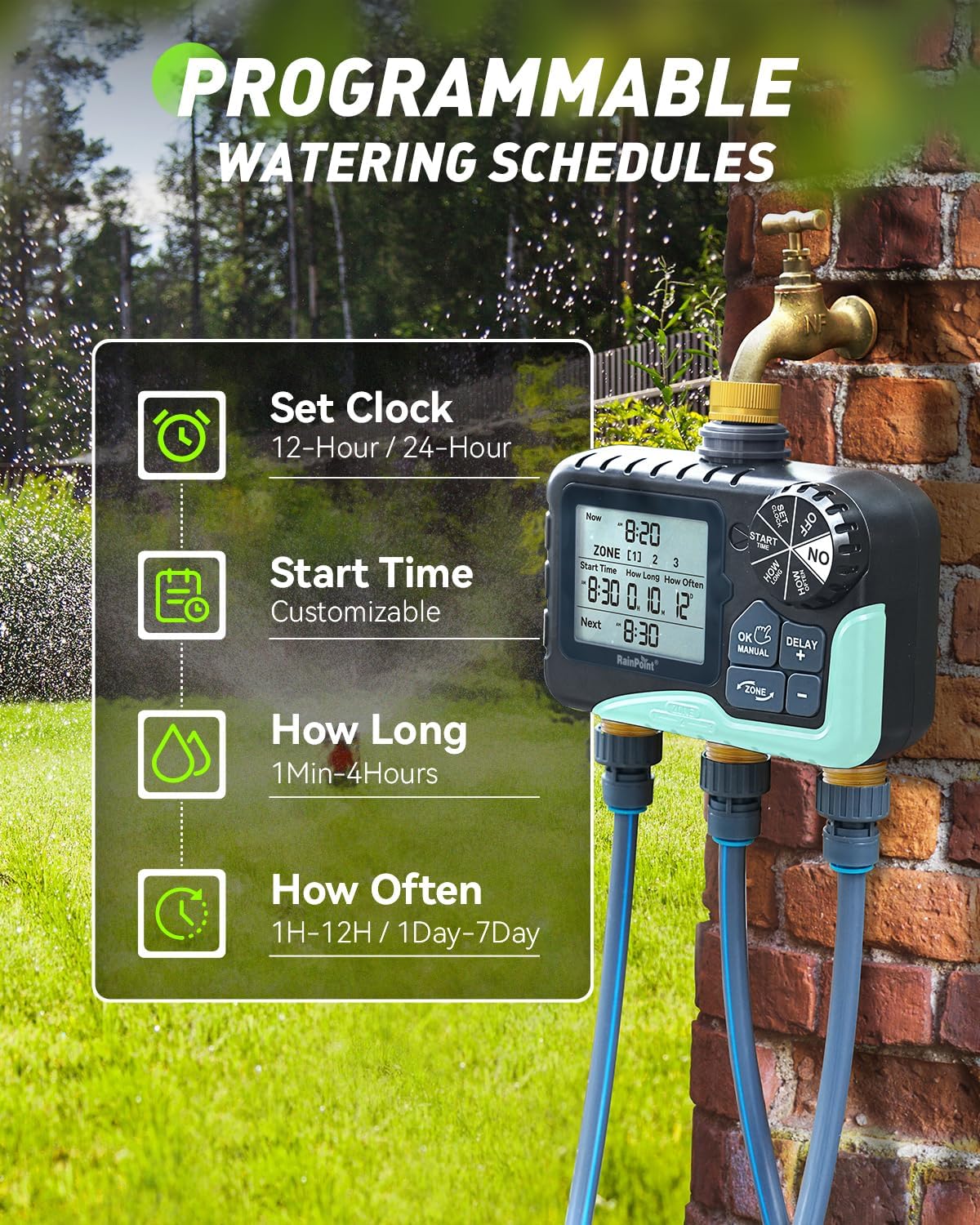 3 Zone Water Timer with Brass Inlet & Outlet, 3 Custom Watering Plans Sprinkler Timer, Featuring IP65 Waterproof,Rain Delay, Manual & Automatic Watering with Large LCD for Yard, 2026 Ver.