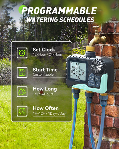 3 Zone Water Timer with Brass Inlet & Outlet, 3 Custom Watering Plans Sprinkler Timer, Featuring IP65 Waterproof,Rain Delay, Manual & Automatic Watering with Large LCD for Yard, 2026 Ver.