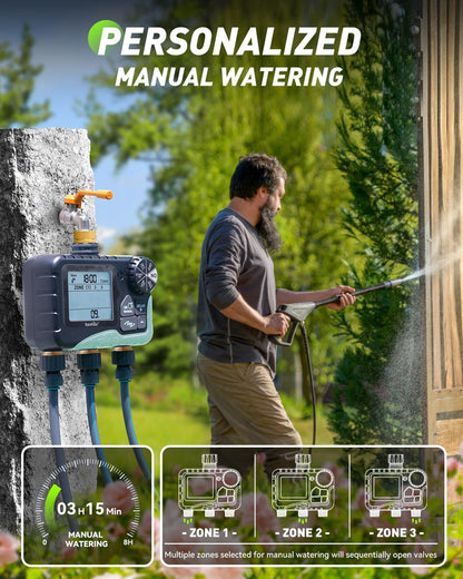3 Zone Water Timer with Brass Inlet & Outlet, 3 Custom Watering Plans Sprinkler Timer, Featuring IP65 Waterproof,Rain Delay, Manual & Automatic Watering with Large LCD for Yard, 2026 Ver.