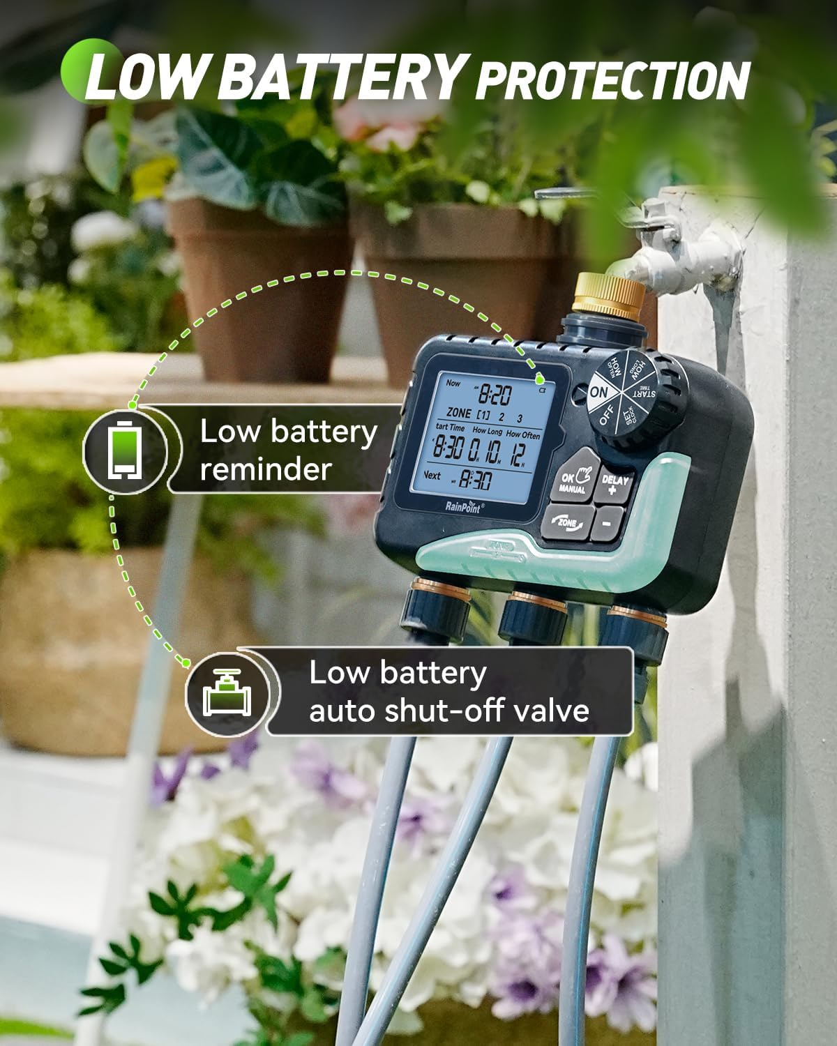 3 Zone Water Timer with Brass Inlet & Outlet, 3 Custom Watering Plans Sprinkler Timer, Featuring IP65 Waterproof,Rain Delay, Manual & Automatic Watering with Large LCD for Yard, 2026 Ver.