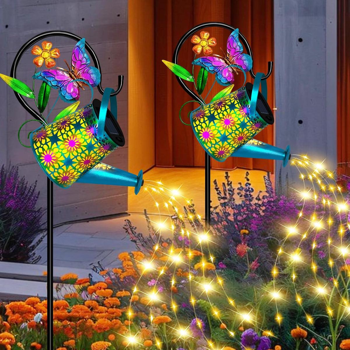 Solar Garden Lights Outdoor Decor, Butterfly Watering Can Shepherd Hook