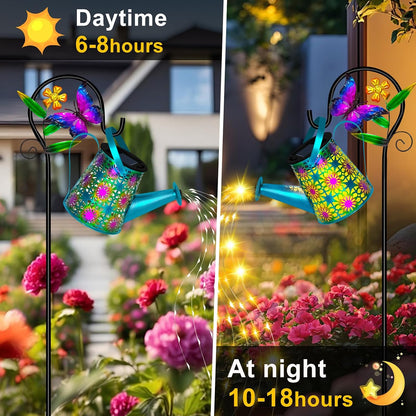 Solar Garden Lights Outdoor Decor, Butterfly Watering Can Shepherd Hook