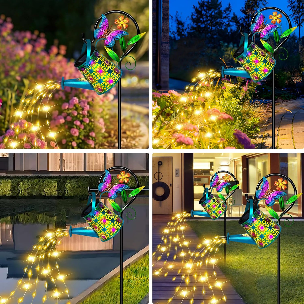 Solar Garden Lights Outdoor Decor, Butterfly Watering Can Shepherd Hook