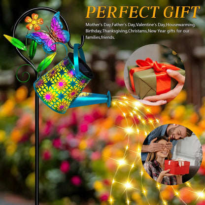 Solar Garden Lights Outdoor Decor, Butterfly Watering Can Shepherd Hook