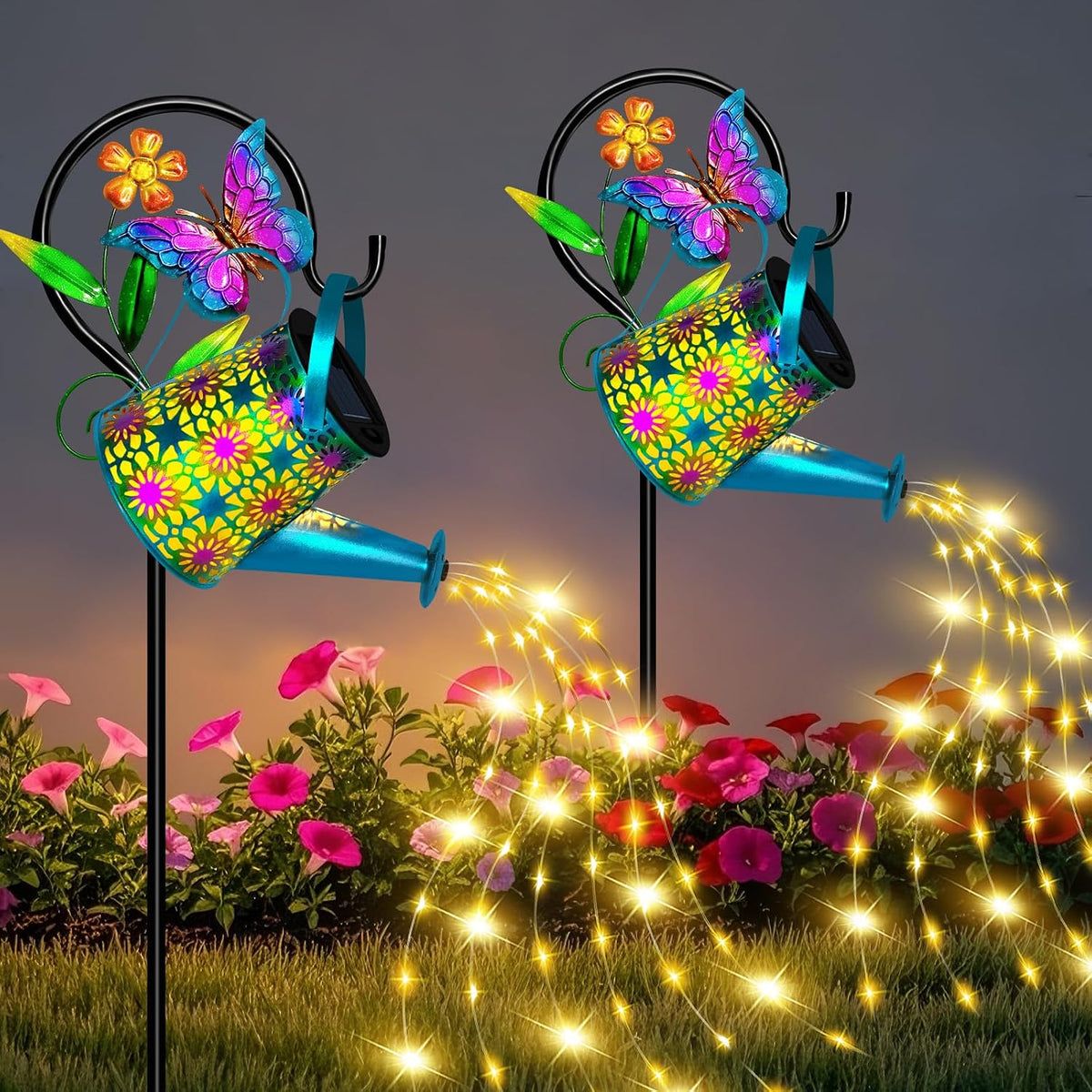 Solar Garden Lights Outdoor Decor, Butterfly Watering Can Shepherd Hook