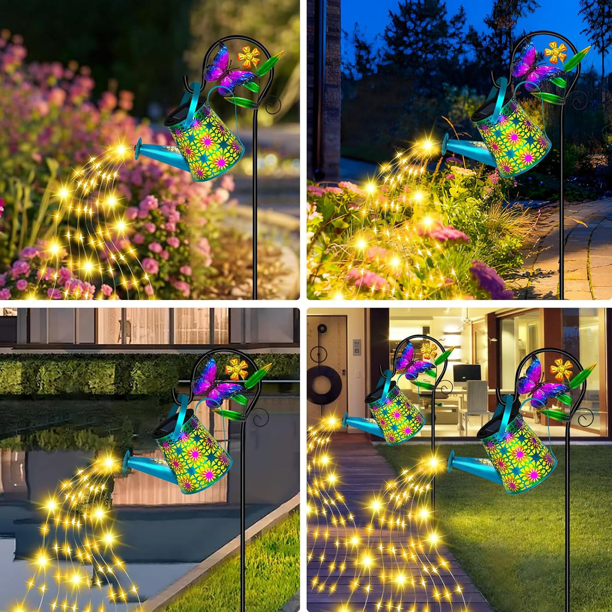 Solar Garden Lights Outdoor Decor, Butterfly Watering Can Shepherd Hook
