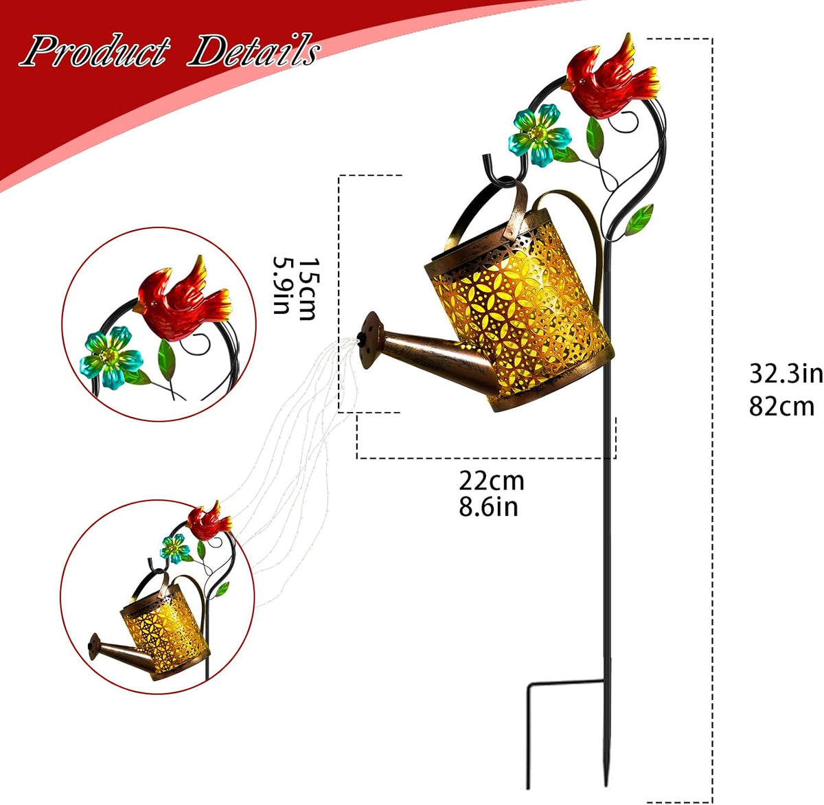 Solar Garden Lights Outdoor Decor, Butterfly Watering Can Shepherd Hook