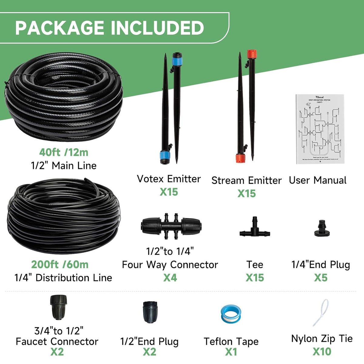 Quick-Connect 200FT Drip Irrigation System Kit, Automatic Garden Plant Watering System for Greenhouse, Yard, Lawn, with 1/2 inch 1/4 inch Irrigation Tubing Hose and Accessories