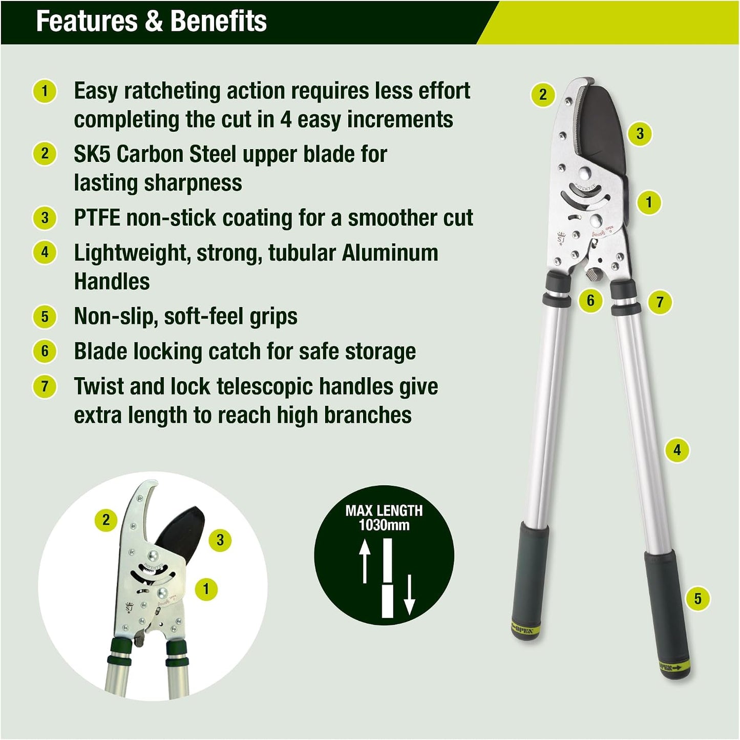 Kew Gardens Razorsharp Heavy Duty Telescopic Ratchet Anvil Loppers